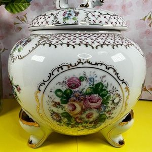 Decorative Vintage Cookie Jar/Tea Cady - White with Multicolor Accents